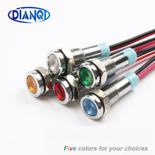 6mm LED Metal Indicator light 6mm waterproof Signal lamp 6V 12V 24V 220v with wire red yellow blue green white 6ZSD.X